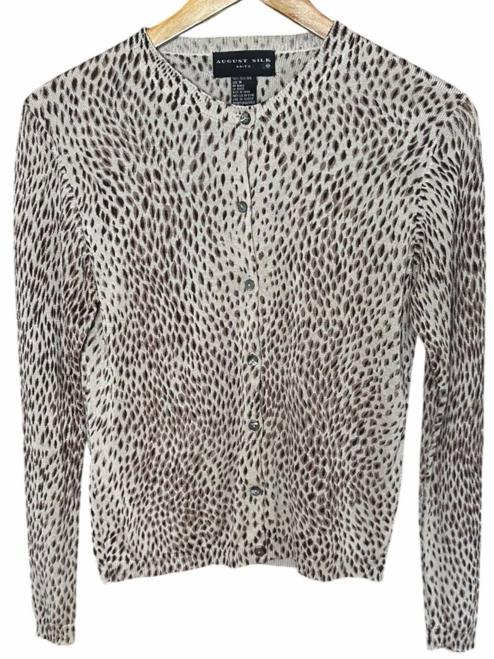 Vintage August Silk Animal Print Cardigan Medium 100% Silk Lightweight Sweater